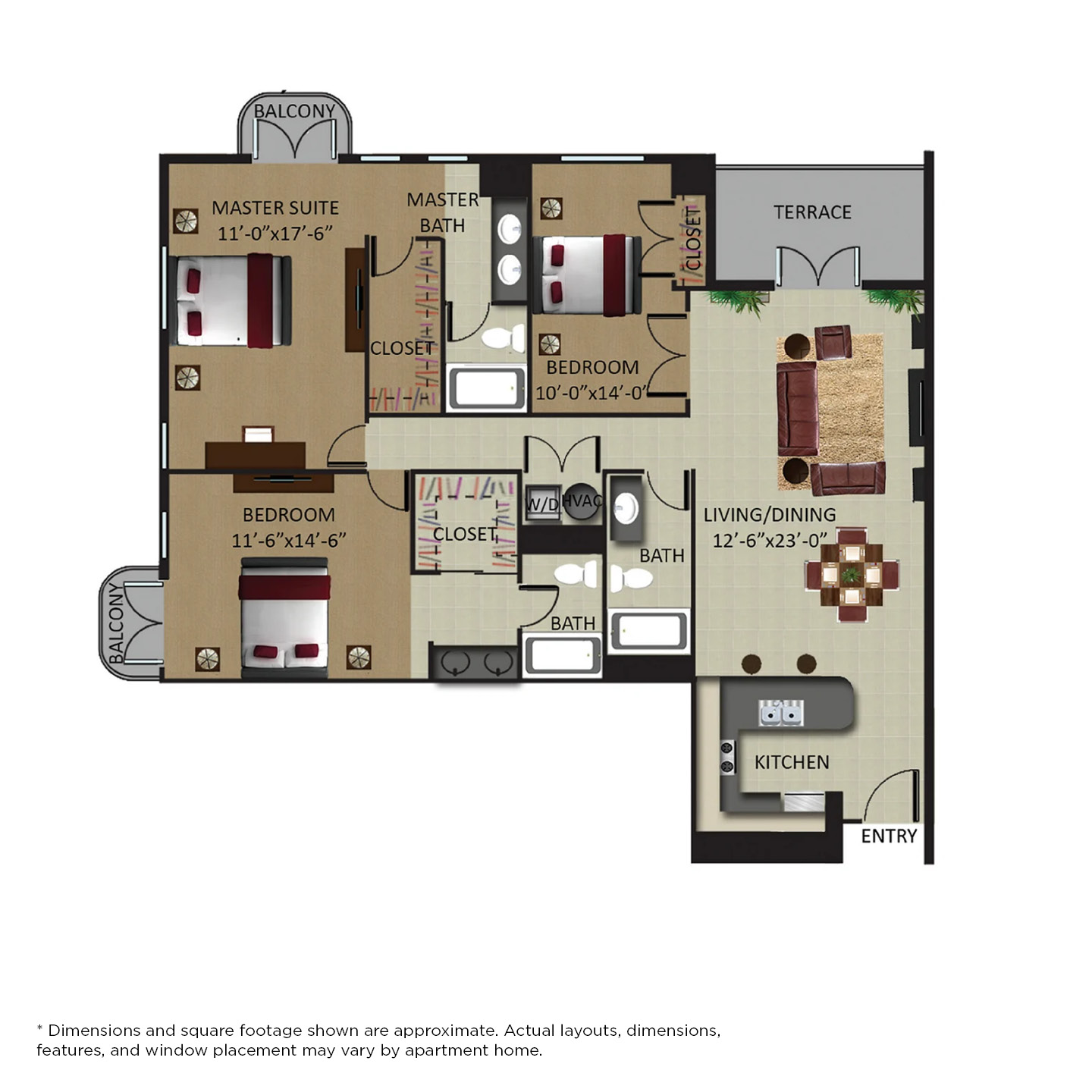 Floor plan for 3 beds, 3 baths, 1455 sqft